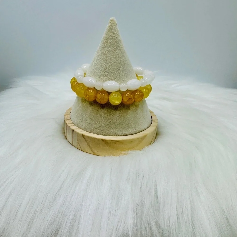 Celina Yellow Glass & White Rabbit Beaded Bracelet Duo